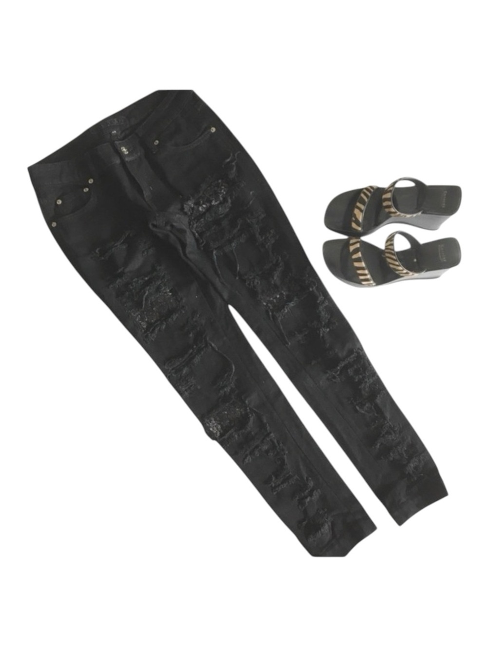 LF Carmar ❉ Skinny Shredded Rips Stretch Jeans ❉ Lace Patches ❉ Jet Black ❉ 25 ❉ - Picture 9 of 16